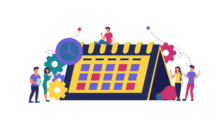 Calendar schedule week vector concept illustration. Student appointment employee agenda man and woman. Business plan with clock,pencil. Date time meeting day. Coworker banner office teamwork assignのイラスト素材
