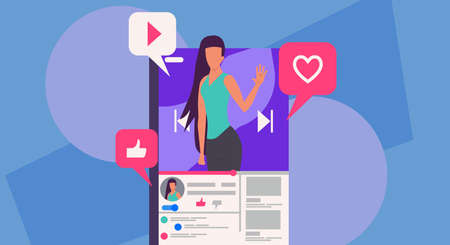 Woman blogger vector illustration communication internet. Online blog on smartphone concept social...