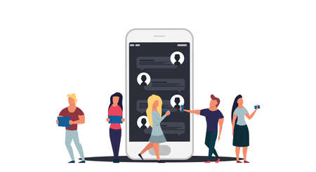 People online chat network concept illustration communication technology. Web mobile social message with man and woman connection, Group call application service conversation cyberspace conference.のイラスト素材