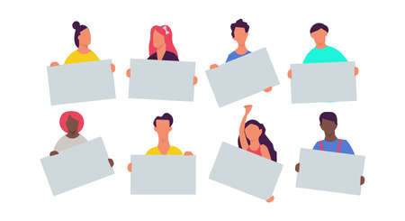 People holding placard set illustration cartoon blank banner. Business group concept message poster protest. Empty isolated board icon. Crowd human demonstration social activist team showingのイラスト素材