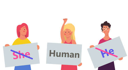 Gender neutral vector illustration person. He , she - human design symbol. Equality sex tolerance normal break. Unisex reveal norms character different. Identity right support background man and womanのイラスト素材