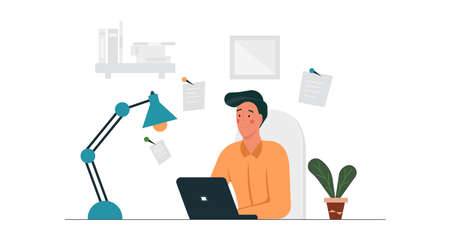 Telecommuting business job man concept vector illustration with laptop. Computer technology remote working from home. Online freelance network desk workplace with chair. Sitting telework distanceのイラスト素材