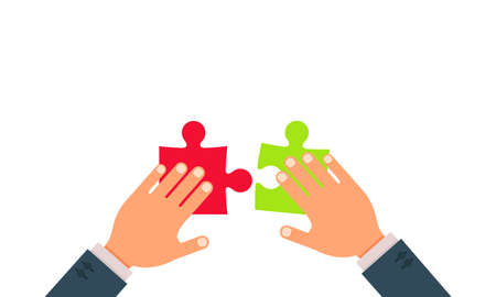 Teamwork vector flat concept illustraion design. Businessmen hands create puzzle together.のイラスト素材
