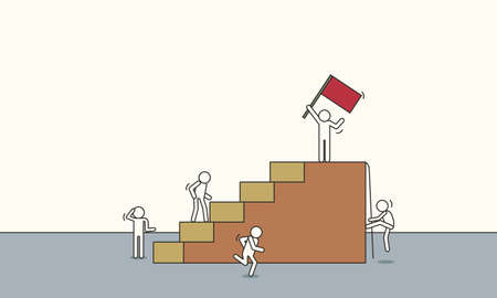 Doodle leader climbing vector sketch business success illustration. Team people with leadership cartoon teamwork achievement progress with red flag.のイラスト素材