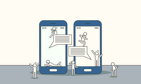 People chatting vector communication discussion. Woman and man talk business chat. Speech message illustration social group. Concept network meeting teamwork with phone. Human connection dialog friendのイラスト素材