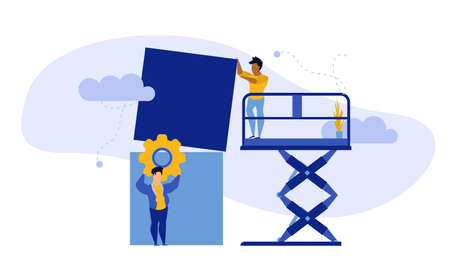 Advertising puzzle from cube block vector flat illustration. Analytics chart business job people...