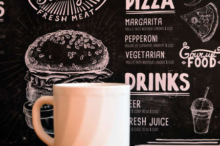 White cup drink on black background. Hot beverage breakfast close up food photography