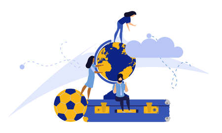 Challenge journey man and woman vector concept illustration with suitcase,ball,cap. Business achievement career success goal. Target aim direction way. Travel motivation job banner. Trekking adventureのイラスト素材