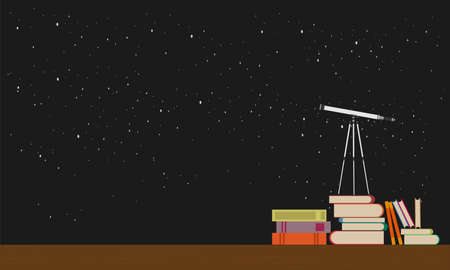 Education future concept vector flat illustration.Telescope stands on books against the background of the night skyのイラスト素材