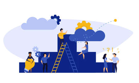 Achievement target career challenge vector flat illustration. People kpi walking steps to direction. Job journey business success leader ambition. Goal progress up climbing performance bannerのイラスト素材