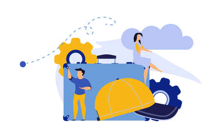 Challenge journey man and woman vector concept illustration with suitcase,ball,cap. Business...