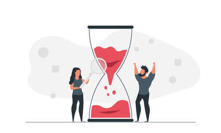Work time concept vector illustration with hourglass. Male and female freelancers onlineのイラスト素材