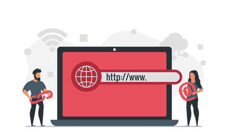 Www concept vector illustration with laptop and people. A man holds a link to the site and a woman...