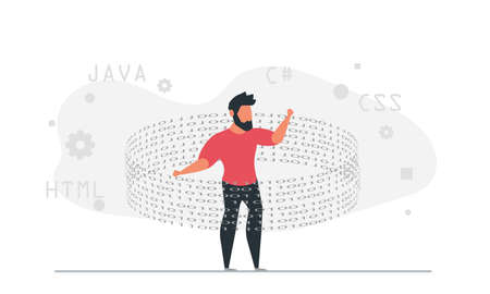 The man professionally programs in virtual reality. Programmer software developer concept  illustrationのイラスト素材