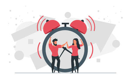 Morning time for business concept vector illustration with people and alarm clock. Man and woman...