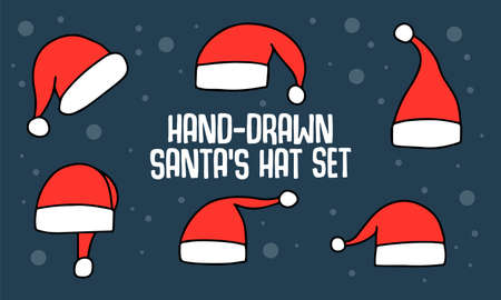 Hand drawn doodle santa claus hats collection. New Year festive set of cartoon red hats. Vector illustration of celebrating christmasのイラスト素材