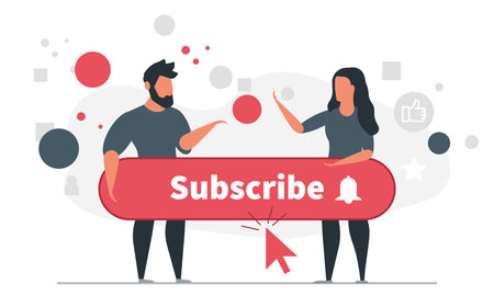 Subscriber concept illustration, man and woman hold a subscribe button with a call to click. People and their followers concept vector illustrationのイラスト素材