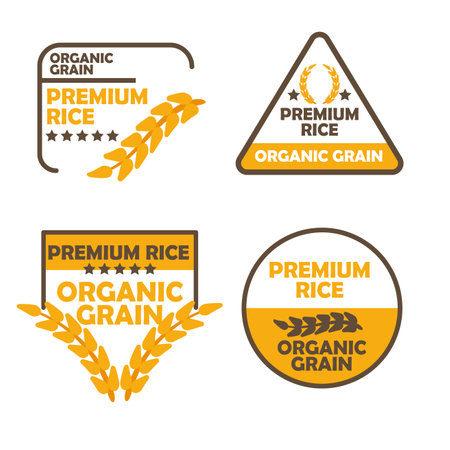 Premium rice organic grain set of badges for agriculture. Organic premium rice collection vector illustrationのイラスト素材