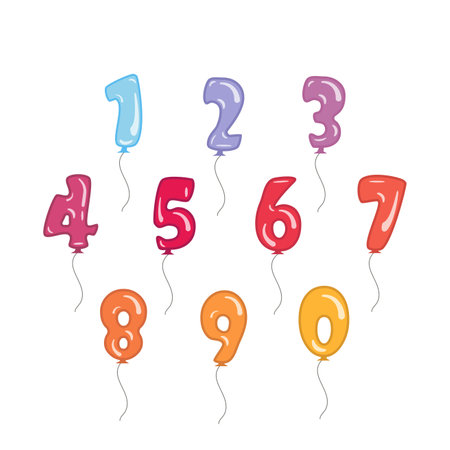 Collection of colorful rubber balloons numbers. Set of balloons with rope vector birthday illustrationのイラスト素材