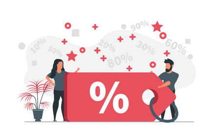 Discount concept with people. Man and woman want to get big discounts. Vector illustration sales promotionのイラスト素材
