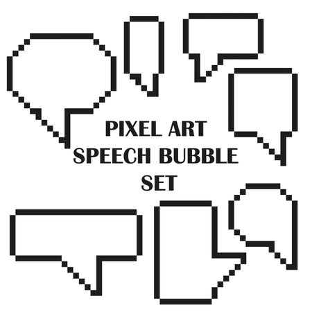 White speech bubbles with black pixel art set. Funny conversation conversation icons pixelated vector illustrationのイラスト素材