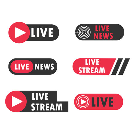 Collection of banners news live streams. Broadcasting live television symbols in black and red. Online stream video icons vector illustrationのイラスト素材