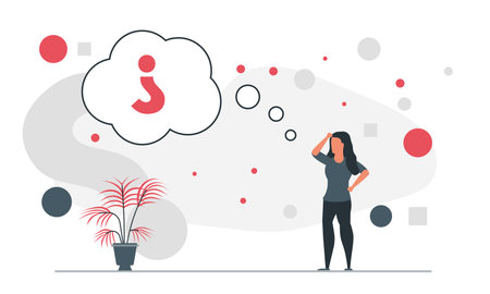 People thoughts concept illustration. A woman thinks and asks herself questions. Problem solving and thoughts vector illustrationのイラスト素材
