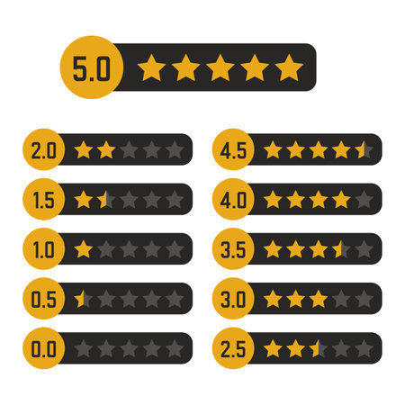 Black and yellow star rating design gold icons set. Review the quality best rank by five. Success...