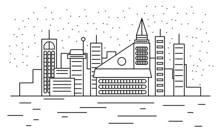 Outline landmarks skyline in black and white style. City building skyline urban panorama with skyscrapers vector illustrationのイラスト素材