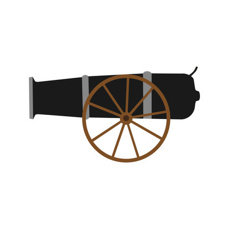 Military artillery cannon army weapon gun vector illustration. Isolated white artillery cannon wheel battle icon old. Defense heavy antique power bomb vehicle. Attack machine ballistic sign ordnanceのイラスト素材