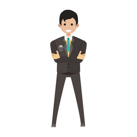 Man character person vector business illustration standing isolated white. Businessman man adult character cartoon icon avatar. Pose style employee body expression male gesture icon. Cartoon personのイラスト素材