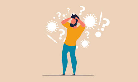 Man stress from virus disease contamination health. Paranoid to virus patient solitude virus. Panic and nervous people lockdown. Vector cartoon illustration medical safety fear riskのイラスト素材