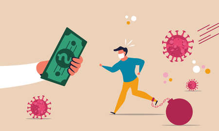 Money stimulus help finance business. virus first aid economics federal investor. Vector illustration support and recovery dollar wealth. Panic financial bankruptcy stock market depositのイラスト素材