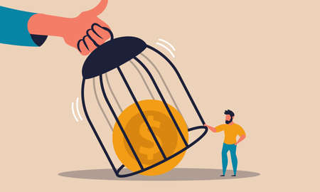 Reopen a business after a lockdown. Man opens and restarts the economy opened cage vector illustration. People have returned to normal life and the quarantine is over. People and financial conditionのイラスト素材