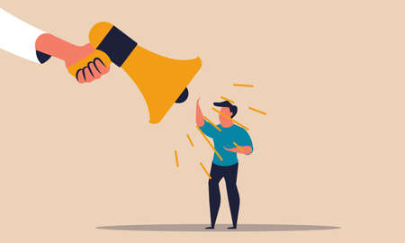 Marketing conversations of people about the news. Confidence story in the word of the customer and feedback in business. A man stands and listens to a large loudspeaker vector illustration concept.のイラスト素材