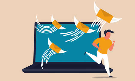 Junk email in a laptop. Anxiety and miscommunication of a man running from a office computer vector...