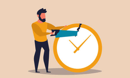 Time management, a man cuts a clock with a saw vector illustration concept. People and efficient process organisation workflow. Work optimization and strategy productivity job. Business deadlineのイラスト素材