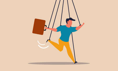Domination boss and puppet pulling slave man. Business controlled and dominate vector illustration concept. People office worker exploitation and manipulation employee marionette. Dictator and dollのイラスト素材