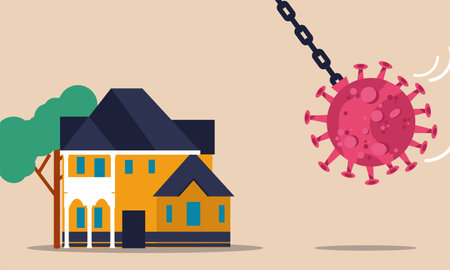 House investment and economy property construction. Real estate mortgage and insurance vector illustration concept. Company agent saving building and finance crisis banking money. Home for debtのイラスト素材