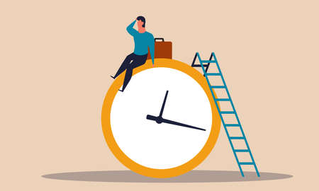 Overtime time hours work and employee hard night work online world. Character working and busy vector illustration concept. Deadline man and business management timer watch. Success career peopleのイラスト素材