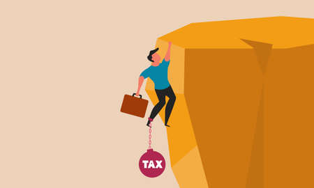 Income tax and business debt taxation. Worker people bankrupt problem and crisis finance vector illustration concept. Heavy money and stress pay revenue. Service refund bank debt and paymentのイラスト素材