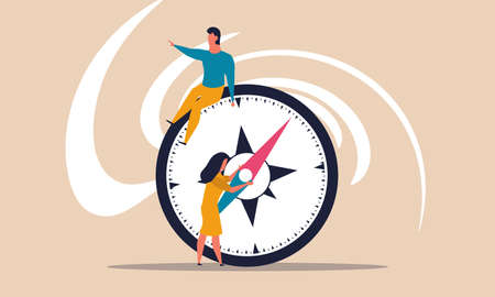 Future young team with compass direction and leader visionary. Woman with man concept business vector illustration. Planning guide people and vision way. Navigation pointer to career. Right targetのイラスト素材