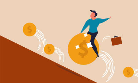 Dollar opportunity and saving earning for business. Income coin and strategy direction for man vector illustration concept. Success target for people and idea leader. Career dream and finance startupのイラスト素材