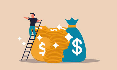 Rich money person and career increase for business people. Stack gold coin with banking bag vector illustration concept. Finance growth and income investment. Success climbing to earning and futureのイラスト素材