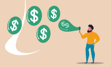 Bubble soap balloon economy speculation concept illustration. Commercial trade money market vector. Man finance greedy and investor loan with dollar crisis. Businessman collapse and bank price profitのイラスト素材