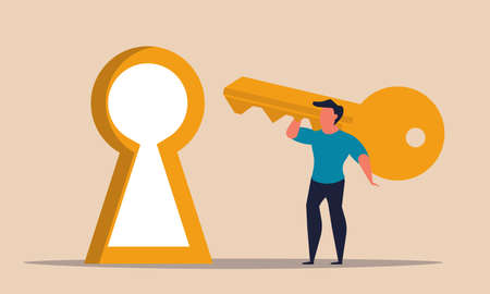 Success key with man and keyhole. Business search and leadership open door career vector illustration concept. Finance future and golden growth. Unlock way to innovation and problem opportunityのイラスト素材