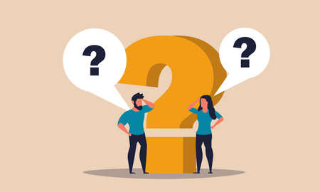 Question problem and answer solution idea with man and woman. Help solve with advice mark vector...