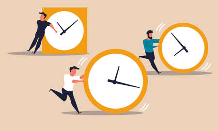 Skill time management people and planning strategy. Professional employee run with clock to success...