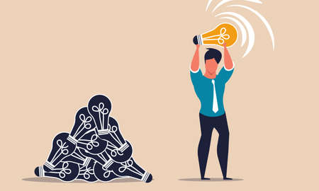 Man find light bulb business and idea inspiration success startup. People search and discovery vector illustration concept. Motivation growth and solving problem. Imagination and smart thinking manのイラスト素材