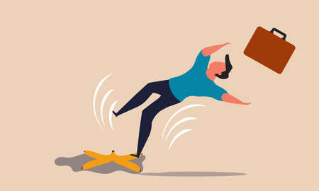Business error with careless businessman and warning step slip. Failure insurance sudden injury vector illustration concept. Safety money and finance crash. Man dropped on banana peel and fallのイラスト素材